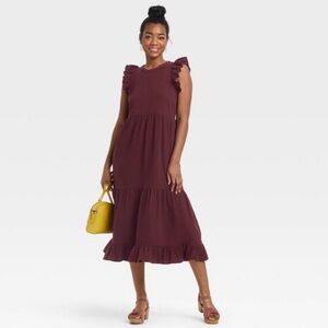 Universal Thread Women’s Flutter Sleeveless Tiered Dress Burgundy Red Cotton XS
